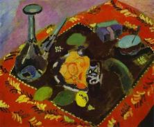 Haga click para ver la imagen ampliada dishes and fruit on a red and black carpet.jpg
